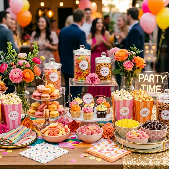 Mesa de snacks decorada con dulces y botanas premium